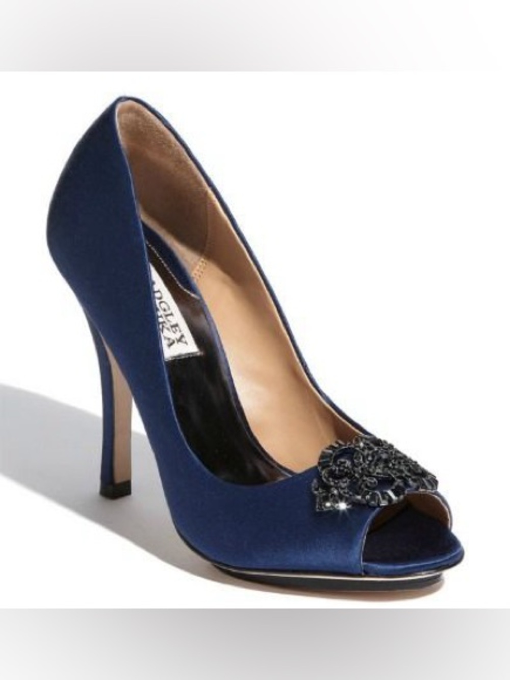 Badgley Mischka Navy Blue Satin Crystal Embellished Peep Toe Pump Heels Size 6.5